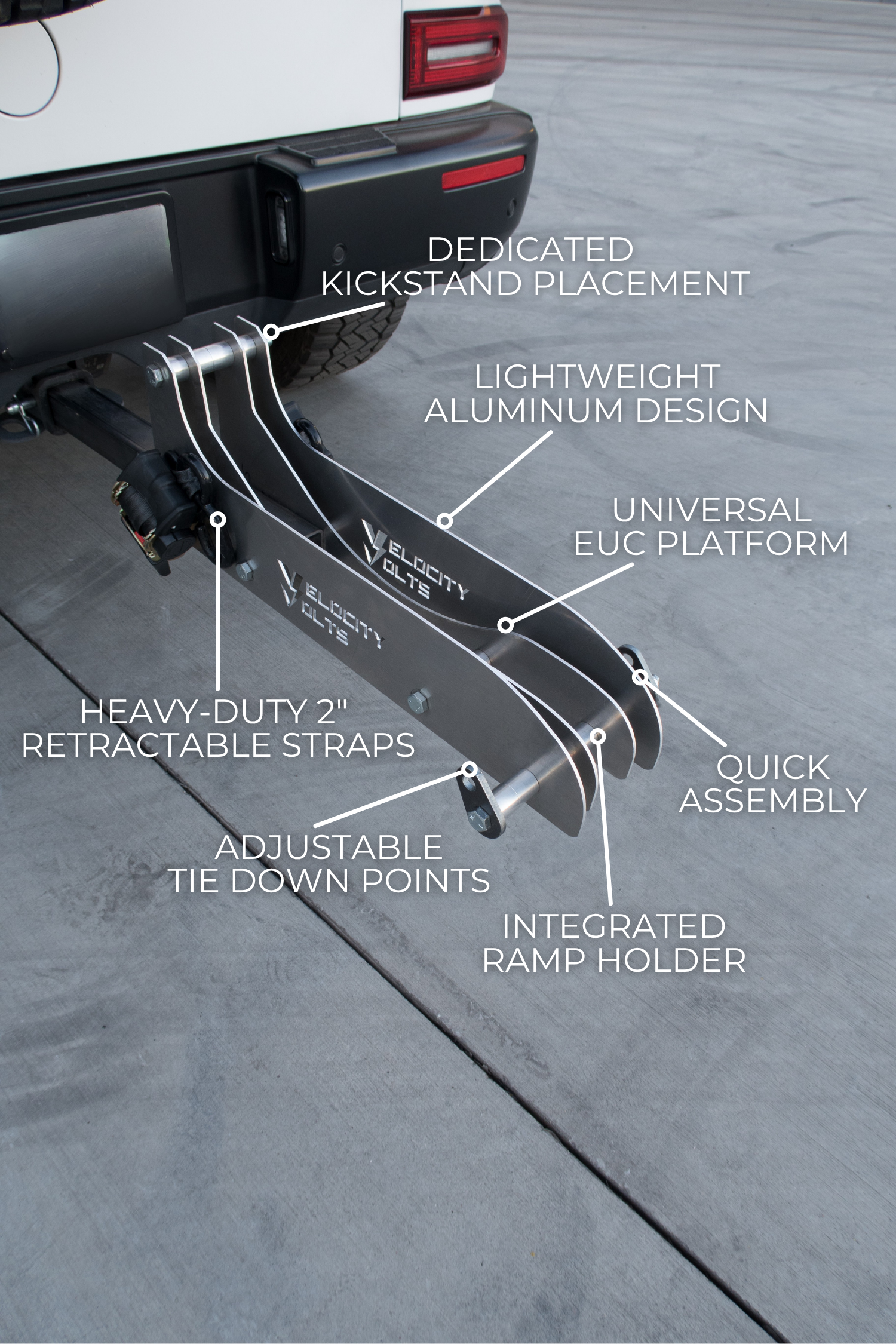 Labeled diagram of the EUC Carrier showing the lightweight aluminum platform, integrated ramp holder, retractable straps and dedicated kickstand placement