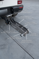 Labeled diagram of the EUC Carrier showing the lightweight aluminum platform, integrated ramp holder, retractable straps and dedicated kickstand placement