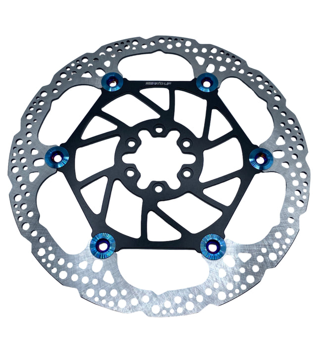 Metallic brake disc with blue bolts on a light gray background