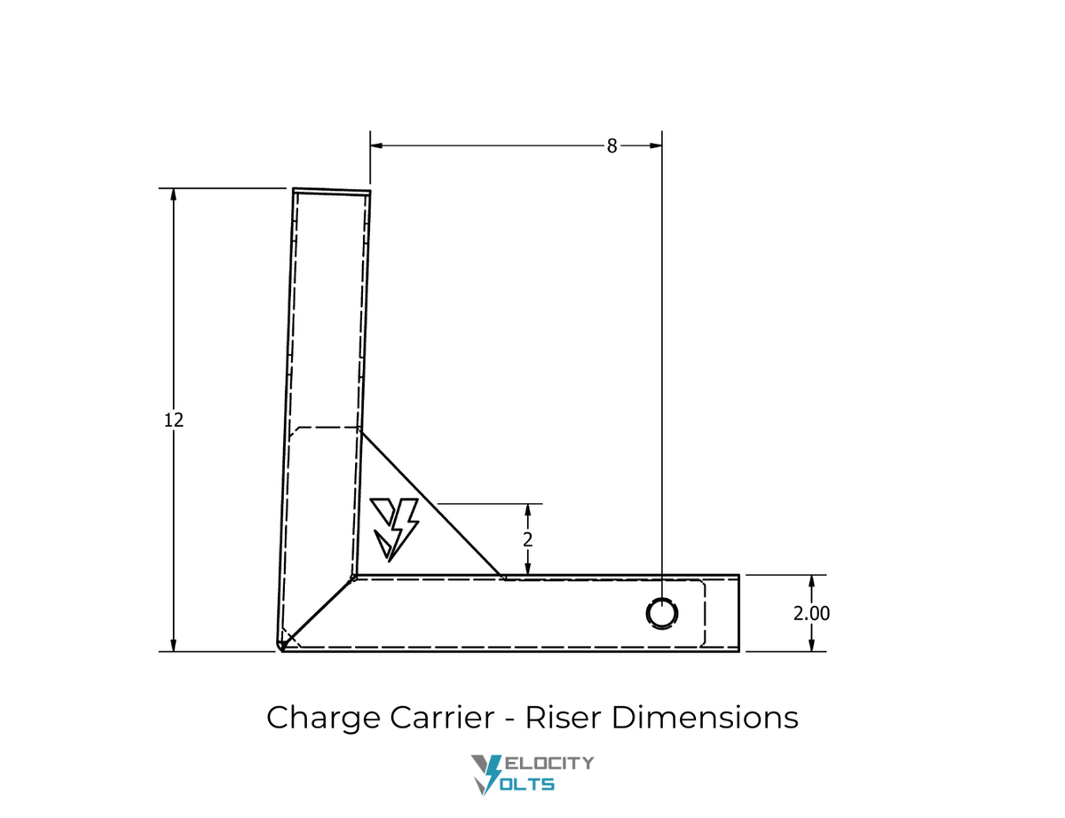 Technical drawing of a charge carrier riser with dimensions labeled for hitch carrier fitment.