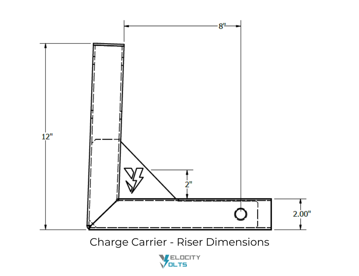 Charge Carrier riser dimensions: 12" tall riser, 8" from riser to hitch pin hole, 2" receiver tube